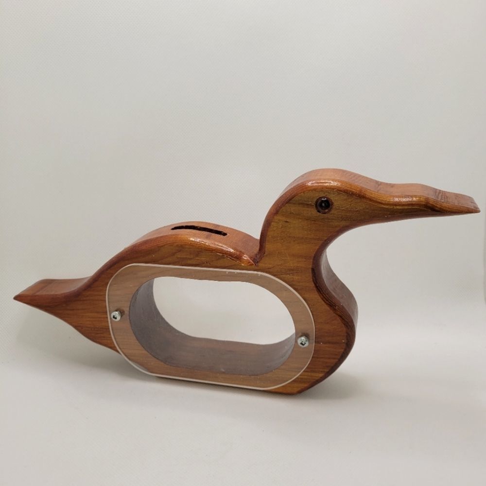 Wooden Carved Loon Coin Bank  Vintage Handmade w/ Acrylic Windows